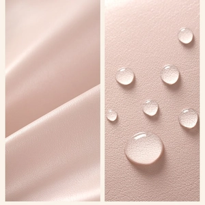 Waterproof pink leather makeup bag material showing soft texture and water droplets