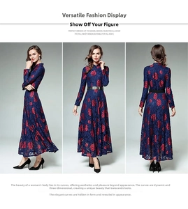 Detailed views of floral lace long dress with high waist, belt and stand collar