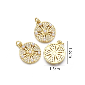 Detailed view of sun flower charms with white pearls and crystals, size 1.6cm by 1.3cm