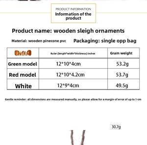 Detailed size chart for wooden Christmas sleigh ornaments in green, red, and white colors