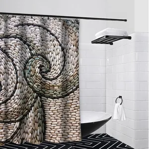 Rideau de douche moderne motif galets avec design en spirale grise pour salle de bain