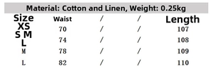 Size chart showing XS to L measurements for linen V-neck blazer and split trousers set