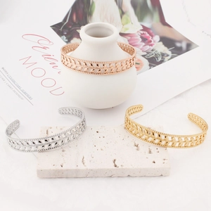 Olive leaf stainless steel open cuff bracelet in rose gold, silver, and gold finishes