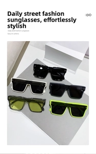 Macro view of oversized square sunglasses in five trendy colors on a display stand