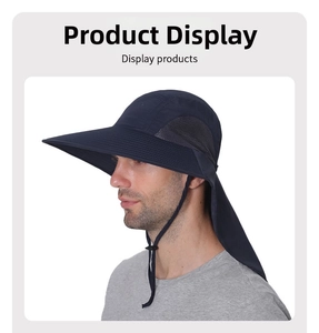 Detail of outdoor sun hat featuring wide brim, breathable mesh and neck protection flap