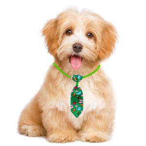 Adjustable green pet necktie with pink flowers and blue bunnies for Easter celebration