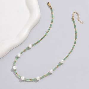Bohemian handmade beaded necklace with green rice beads and white pearls for women