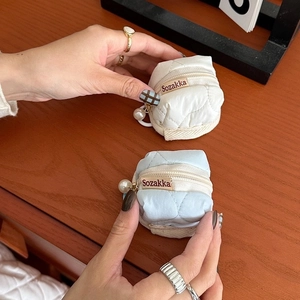 Quilted mini earphone case with pearl pendant for AirPods in white and light blue colors
