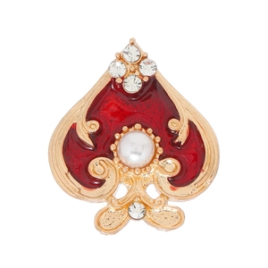 Creative spade-shaped brooch with red enamel, imitation pearl and sparkling rhinestones