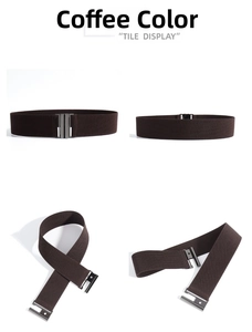 Detail view of coffee brown elastic wide waist belt with metallic interlocking buckle