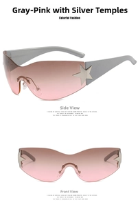 Detail of pink gradient Y2K frameless aviator sunglasses with silver star hardware