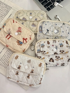 Quilted floral coin purse with cartoon animal prints and functional metal D-ring attachment