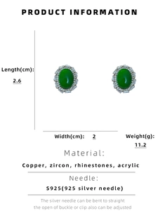 Detail view of oval green acrylic earrings with white zircons and S925 silver needles