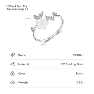 S925 sterling silver open ring with white shell camellia flower and zircon accents