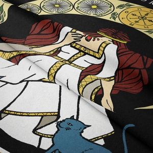 Macro detail of Bohemian tarot tapestry showing soft flannel texture and priestess print