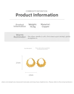 Spécifications détaillées des créoles perlées plaquées or 18 carats avec mesure de 2,5 cm