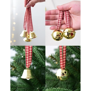 Cloches de Noël dorées avec rubans à carreaux pour décoration d'arbre en plusieurs formes