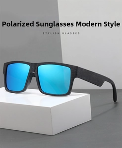 Detail of polarized blue mirrored lenses and brushed wood grain texture frame