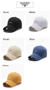 Detail view of cotton baseball caps in black, white, khaki, blue and yellow variants