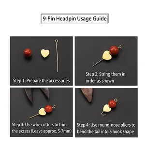 Guide for DIY jewelry making with gold eye pins and red beads on black background