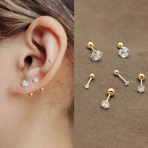 4-Claw Round Rhinestone Stud Earrings For Women Alloy Metal Screw Back Ear Bone Nail Piercing Jewelry Gold Silver
