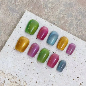 Handmade Cat Eye Press On Nails Dopamine Candy Colorful Translucent Resin Removable Short Trapezoid Manicure For Women