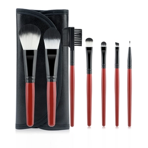 7-piece makeup brush set with red handles and black PU leather pouch for travel