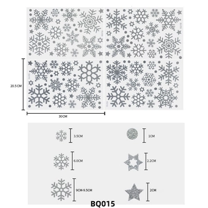 Detailed size chart of silver glitter snowflake and star window stickers for Christmas decor