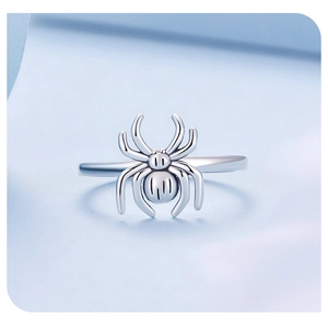 Detailed macro shot showing the intricate spider legs and textured body of the silver ring