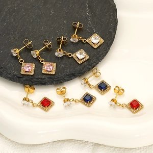 Vintage gold square stud earrings with zircons in pink white blue and red sets