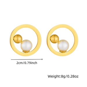 Detail of geometric circular stud earrings with gold beads and pearls, 2cm size
