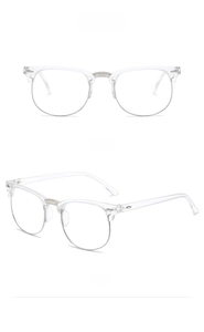 Front and 45-degree angle views of transparent silver semi-rimless glasses frame