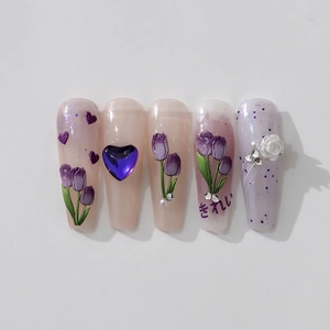 5D purple tulip and 3D flower long trapezoid press-on nails with heart gems