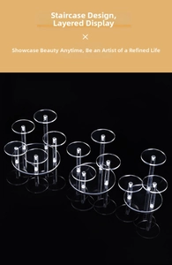 Macro view of tiered acrylic display stands with round plates for jewelry or figures