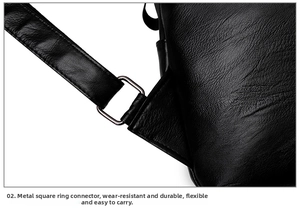 Detail of square metal ring connector on black pebble grain leather backpack strap