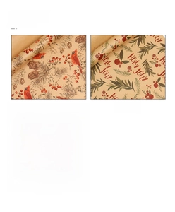 Detail of Christmas kraft wrapping paper featuring red birds, pine cones, and holly motifs