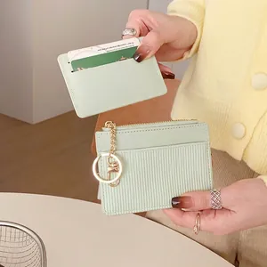 Minimalist mint green PU leather card holder and zippered coin purse set with gold chain
