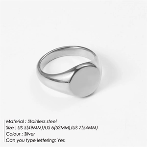 Minimalist silver stainless steel signet ring with custom engraving on white background