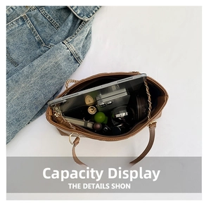 Capacity display showing tablet, phone, and makeup inside brown quilted tote bag