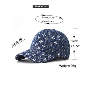 Detail of dark blue denim baseball cap with white sequins and adjustable strap size