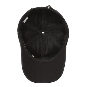 Internal view of a washed gradient denim baseball cap with 100% cotton label and metal buckle