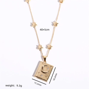Vintage gold necklace featuring a book-shaped star and moon pendant with 40+5cm chain