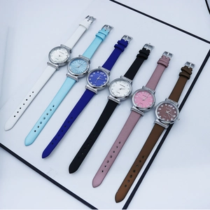 Minimalist rhinestone quartz watches for women with leather straps in six assorted colors