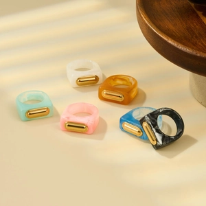 Colorful resin square rings with gold metal inlay in six assorted marble textures