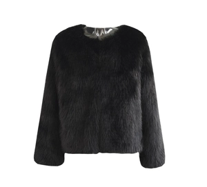 Close-up of black faux fur jacket texture showing premium plush fibers and round neck detail