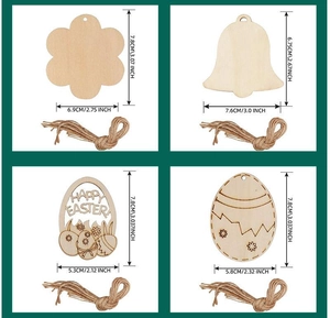 Detail view of four wooden Easter ornaments with hemp rope hangers and size markings