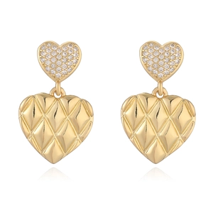 18K gold-plated double heart drop earrings with quilted texture and pavé crystals