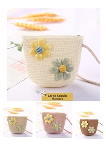 Detail of girls mini straw bucket bags with sequined flower accents in four color options