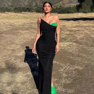 Sexy One Shoulder Mesh Maxi Dress With Bikini Top And Bottom See Through High Slit Ruched Patchwork Asymmetrical Women