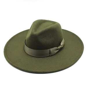 Olive green wide brim fedora hat with satin ribbon bow in a high-quality wool felt finish